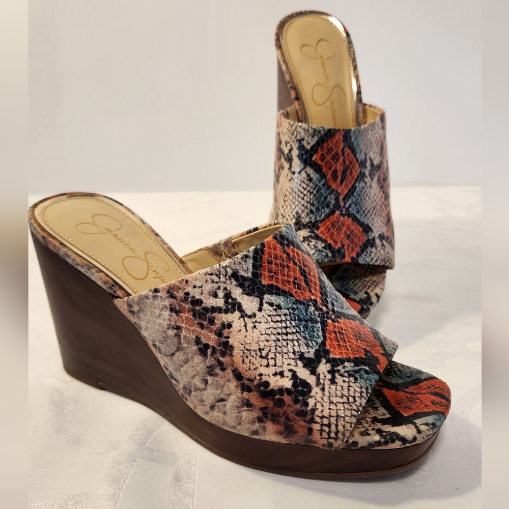 Jessica Simpson Sheyna Snake Print Wedge Sandals Multi Color Size 6